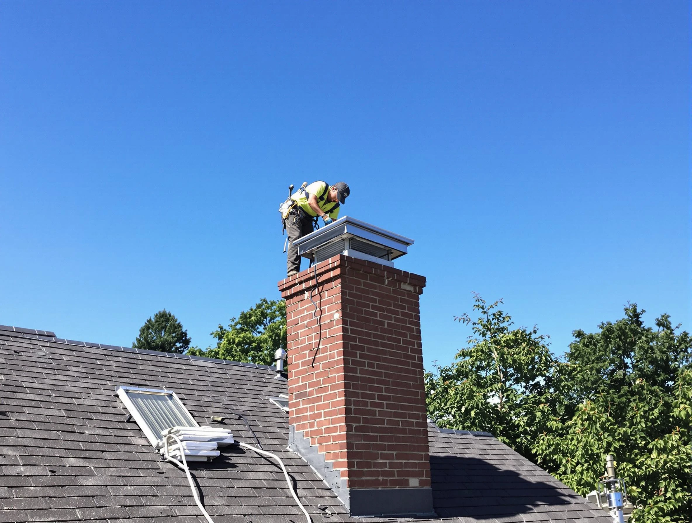 Hempfield Chimney Sweep technician measuring a chimney cap in Hempfield, PA